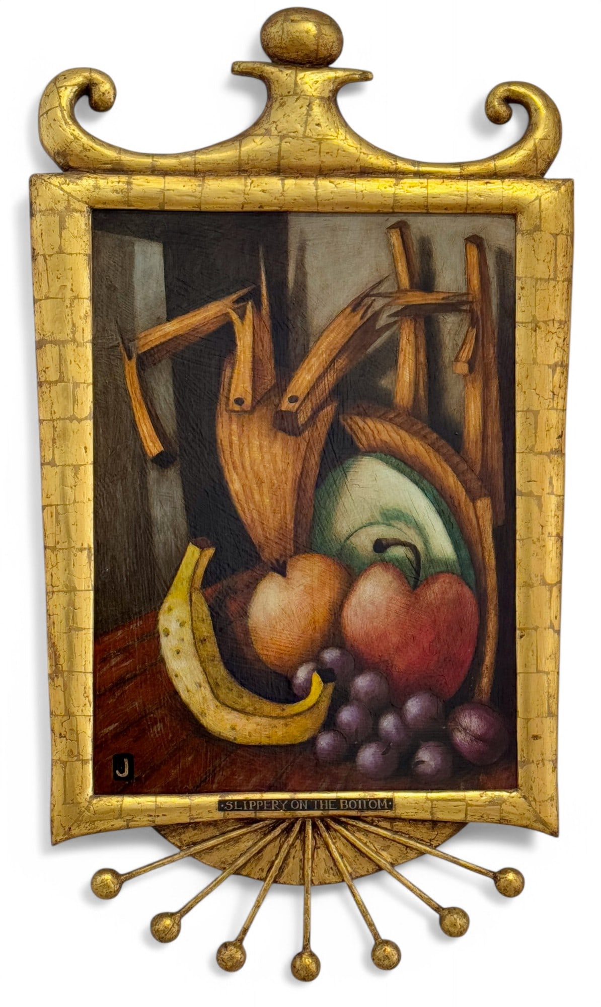 Pair of Works in Fantastical Frames, Jeff Sutherland: Including "Not a Problem" and "Slippery on the Bottom" by Cincinnati based artist Jeff Sutherland. Each oil on board with artist fashioned giltwood frames. Each signed and titled to verso and titled t