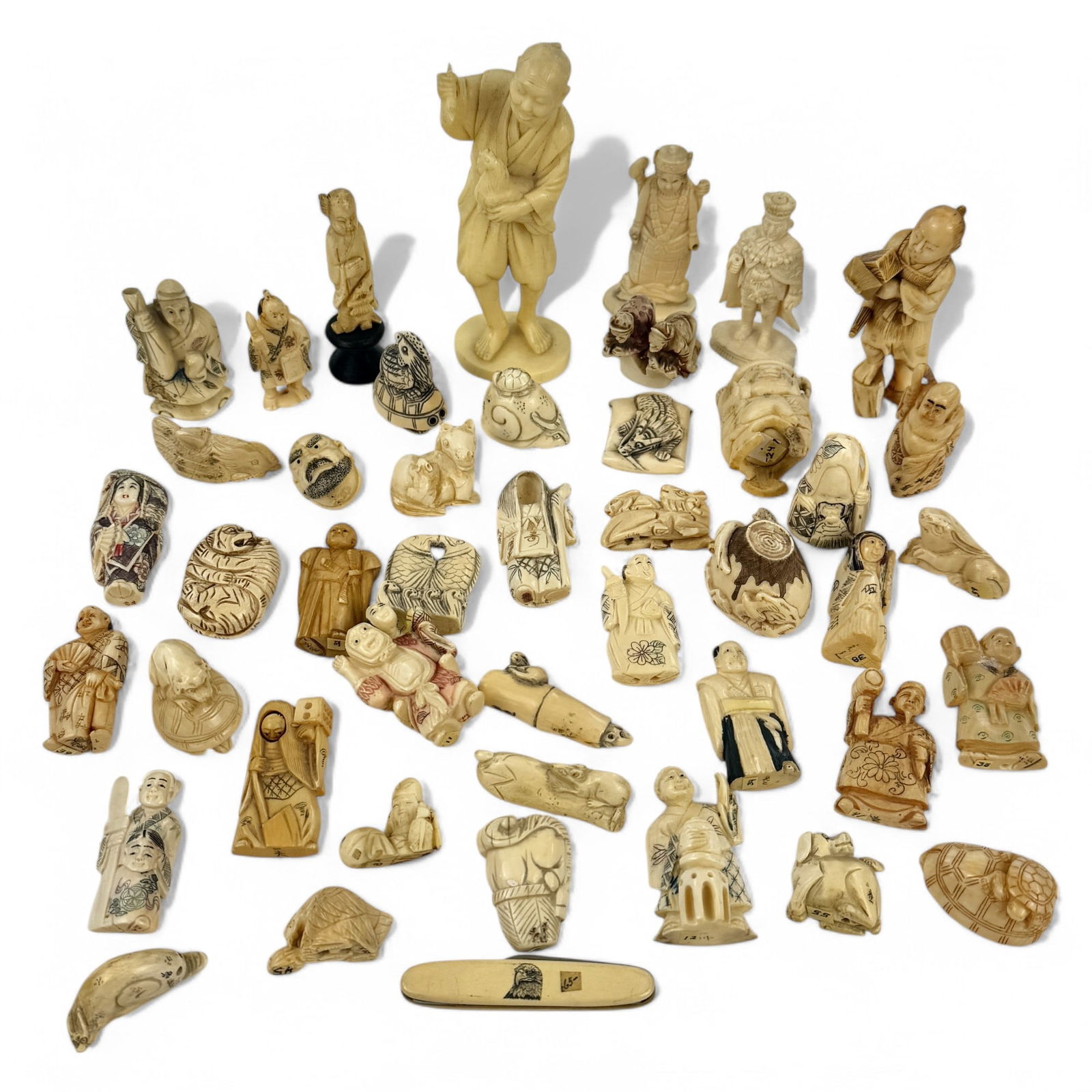 Large Collection of Japanese Carved Netsuke in Basket (1 of 10)