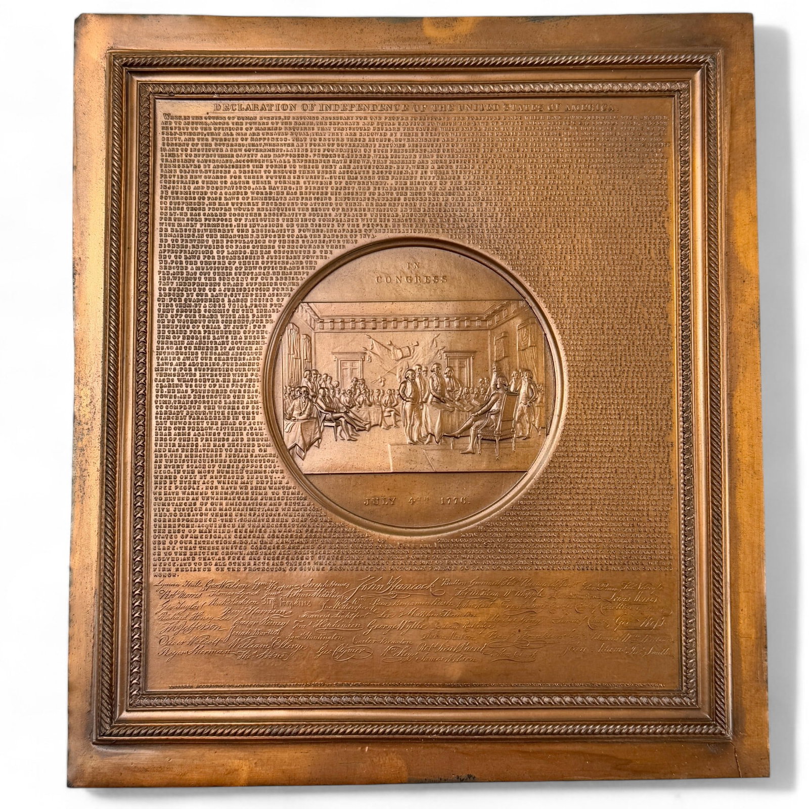 Samuel Black Plaque with Declaration of Independence: Samuel H. BLack, 1859. A copper plaque with central emblem and small print of the Declaration, and facsimile signatures, publication information to lower perimeter.