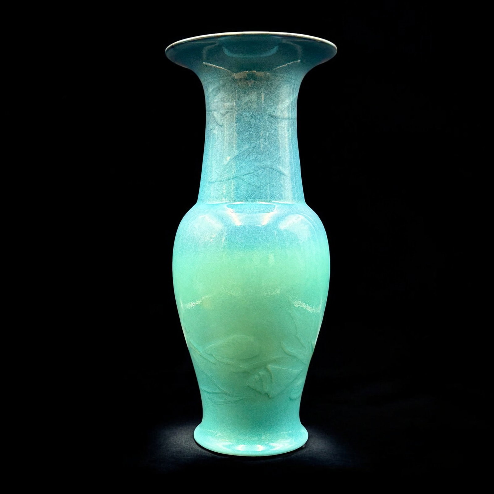 Rookwood: 18" Shirayamadani Carved Marine: 1921. Shape 2273. Blue tinted high glaze. A carved porcelain vase of monumental proportions, displaying all manner of sea life. Fish scale patterns and swimming fish to the neck and upper portion, the