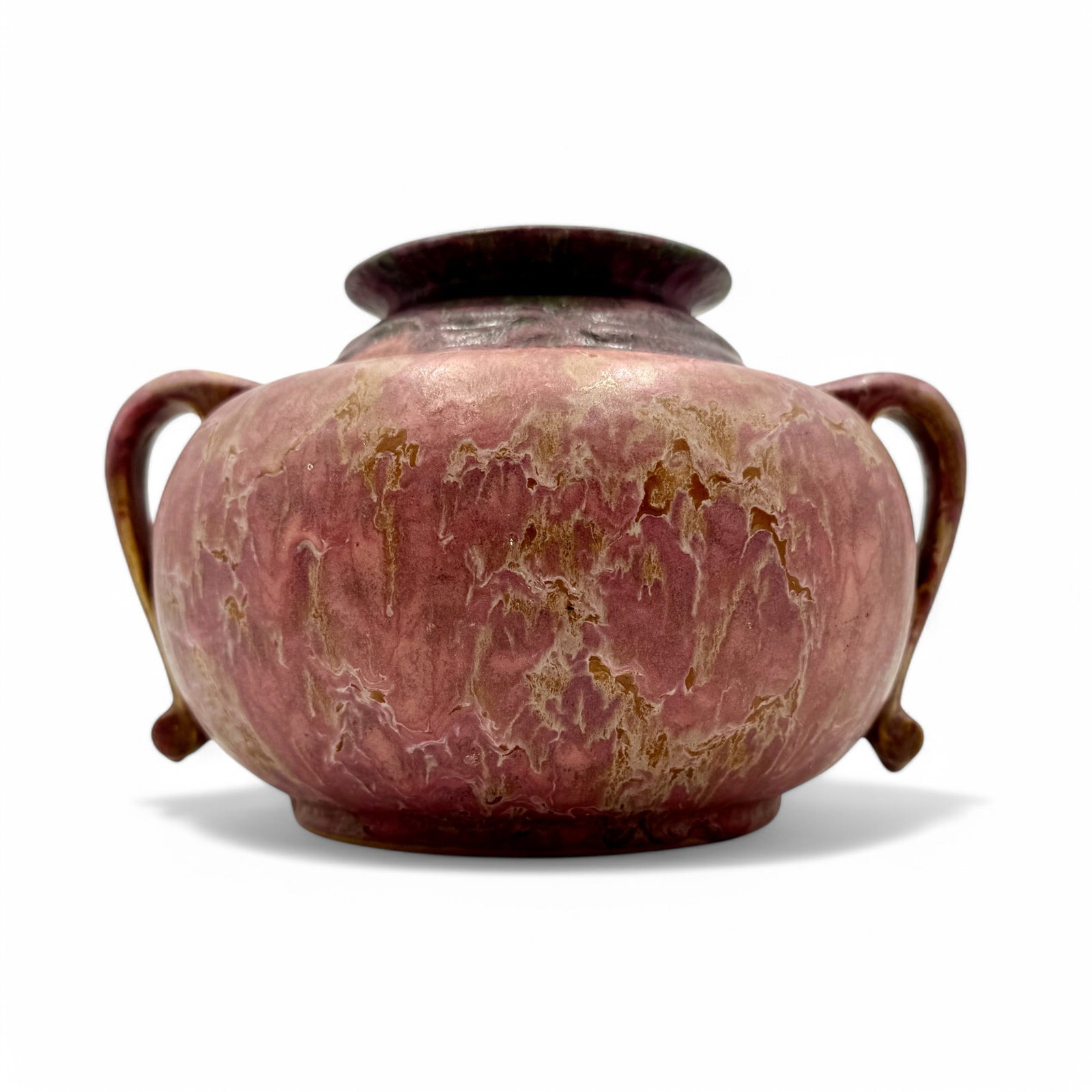 Roseville Carnelian II Vase: Squat handled vase. Glaze drip chipped on bottom of one handle. 6.5" ht.