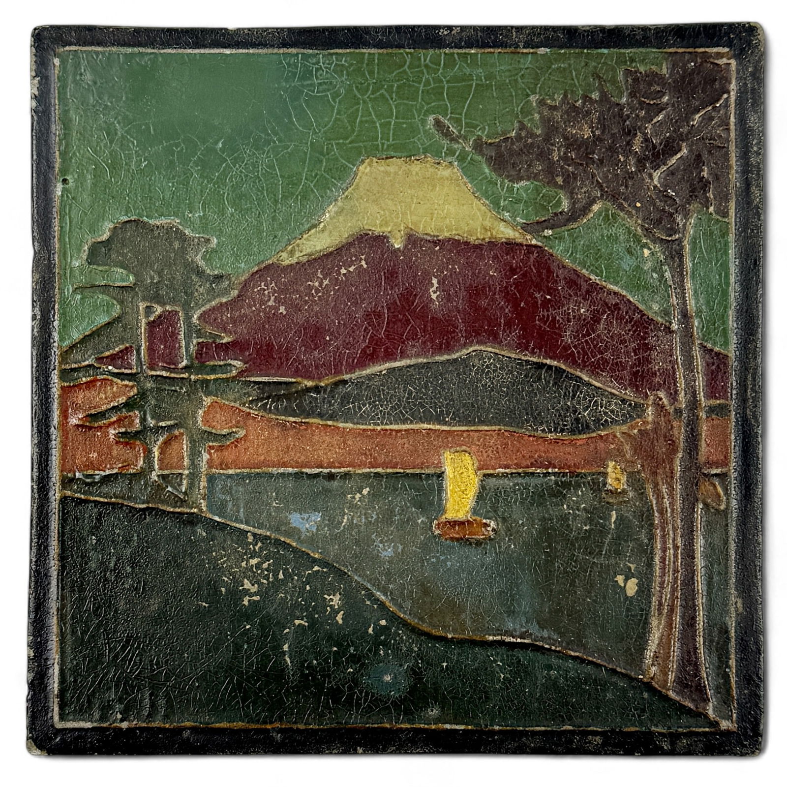 Art Pottery Cement Tile Landscape: Marked to the back as possible Pedro Lemos, depicting a nice mountainous landscape in glazes with various hues of greens, reds and oranges. 6" x 6"