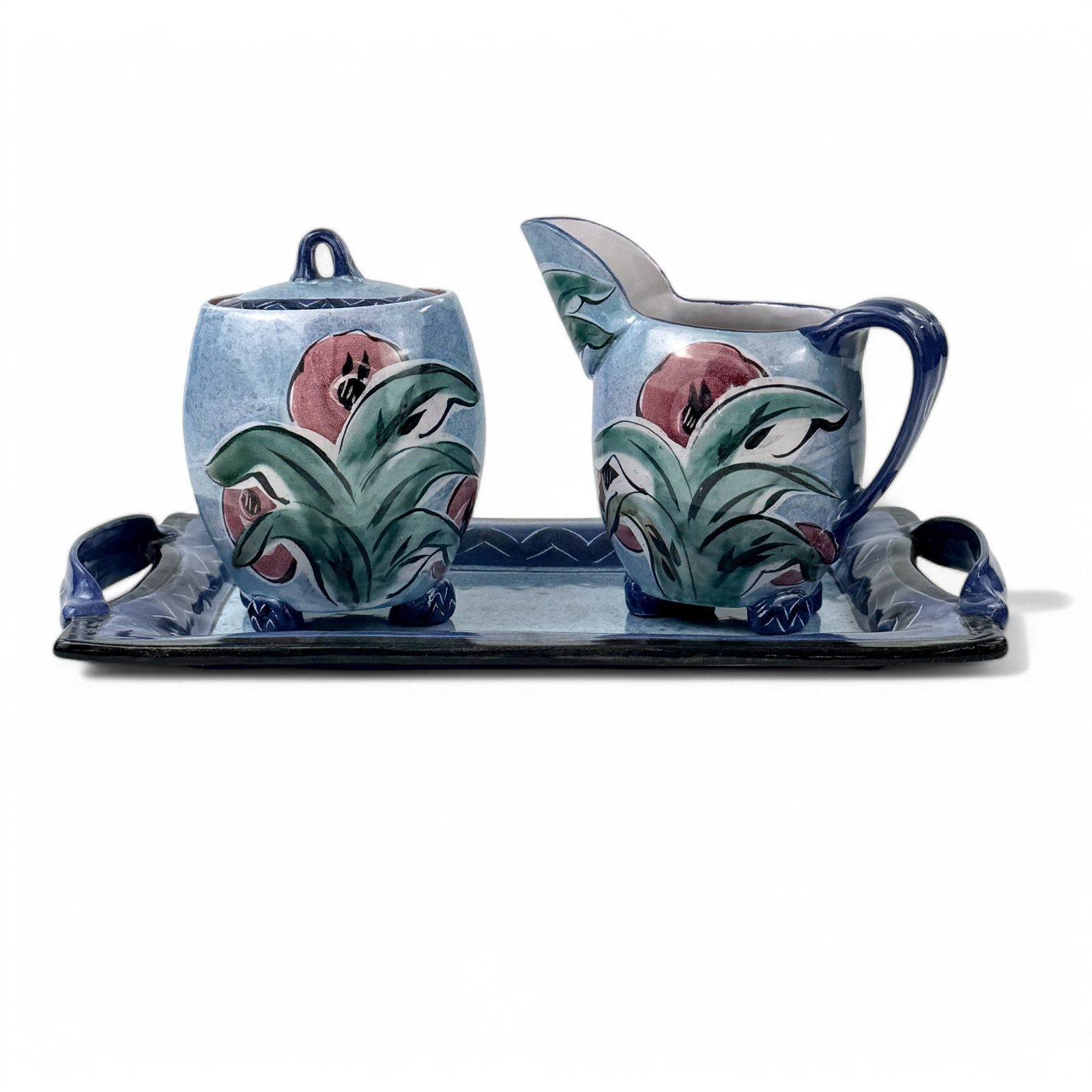 Decorated Creamer, Tray and Lidded Jar by Posey: Three pieces in total, all decorated with florals and signed Posey to the base. Height of tallest (creamer): 5.75", width of tray: 13"