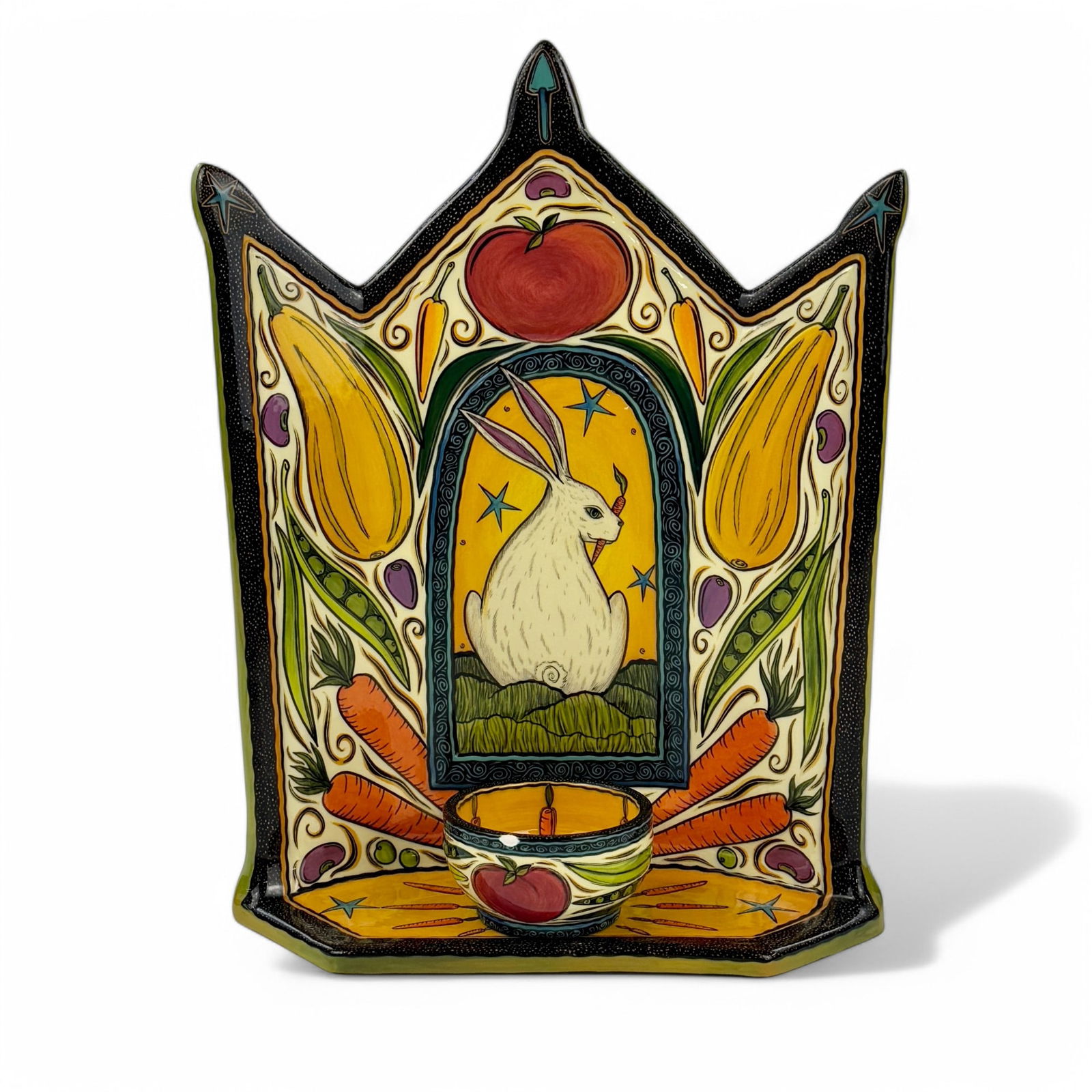 Terri Kern Handpainted Ceramic Shrine: Shrine with teacup. Intricately handpainted by Cincinnati artist Terri Kern with motif of fruit and rabbit. Height: 10"