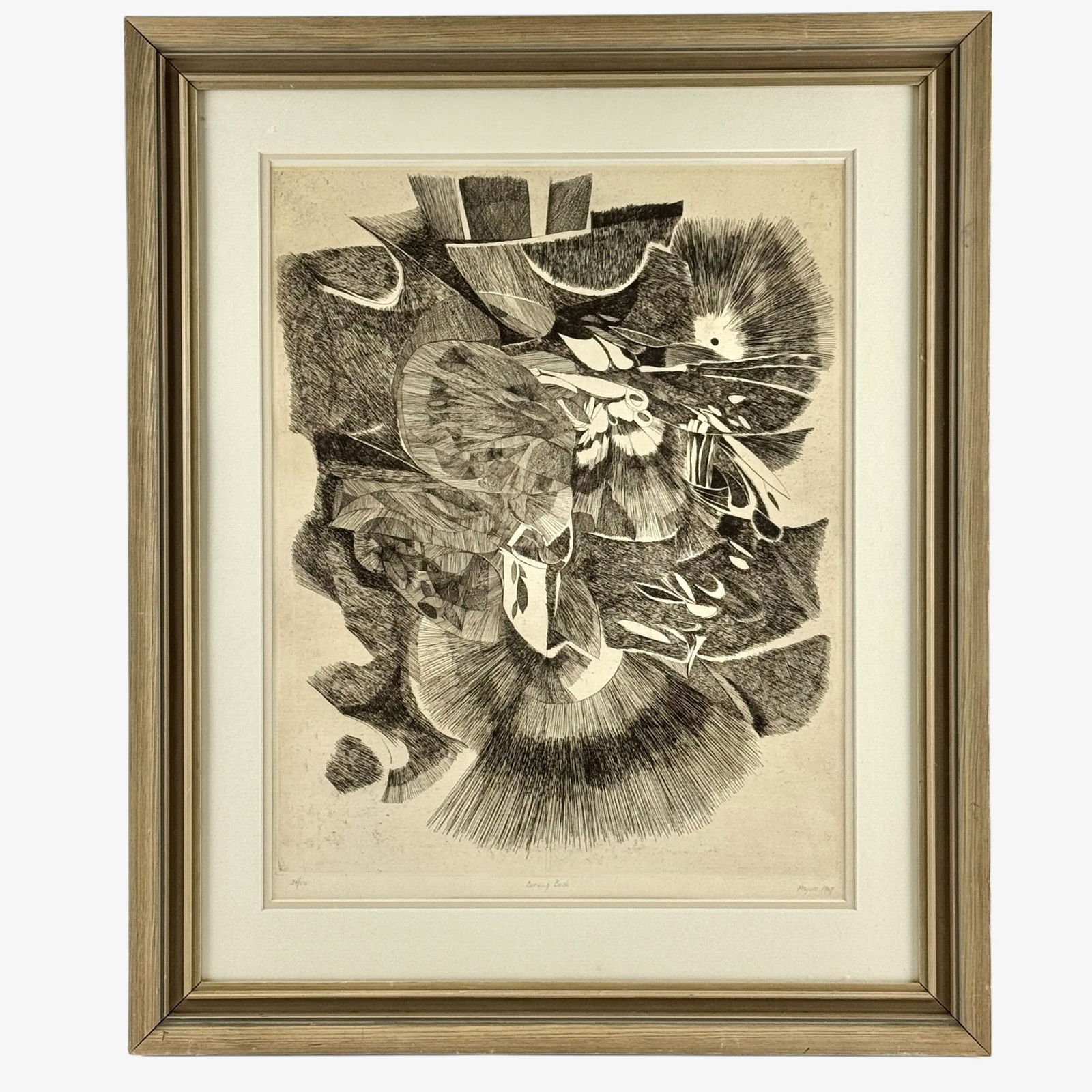 William Majors (1930-1982): "Burning Bush" etching on cream wove paper, numbered 34/110 and signed to the lower right. Dated 1967 and titled in plate in center. Plate size: 20" ht. x 15.75" wd., framed size: 28.5" ht. x 23.5"