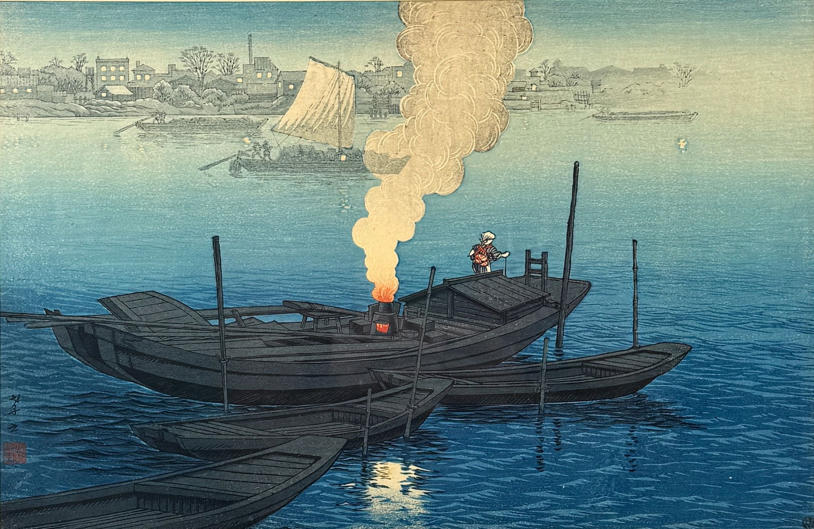 Ito Takashi: Ferry Boat at Odai" Woodblocck (1 of 4)