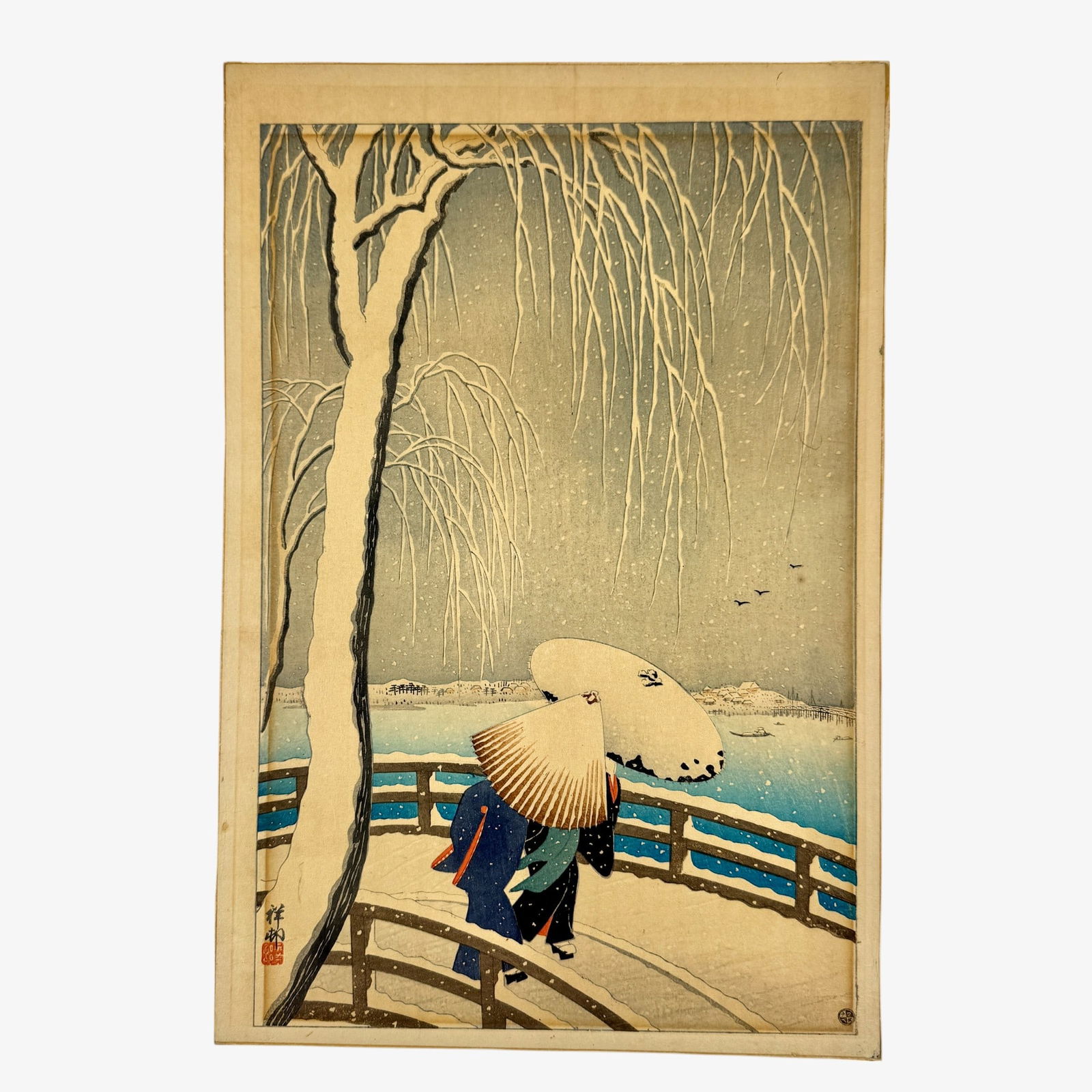 "Snow On Willow Bridge" Woodblock by Ohara Koson: Ohara Koson (Japanese, 1877-1945). Japanese woodblock on paper, Koson's most well known subject, with artist mark l.l. and Watanabe seal l.r., lacking English title, suggesting an intention for Japane
