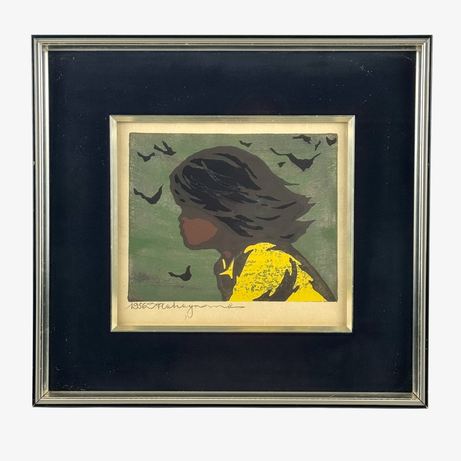 "Girl in the Wind" Woodblock by Tadashi Nakayama: Tadashi Nakayama (Japanese, 1927-2014). Woodblock in colors, signed and dated 1956 in margin. 9.5" x 10.5" (sight), 16" x 17.5" (framed).
