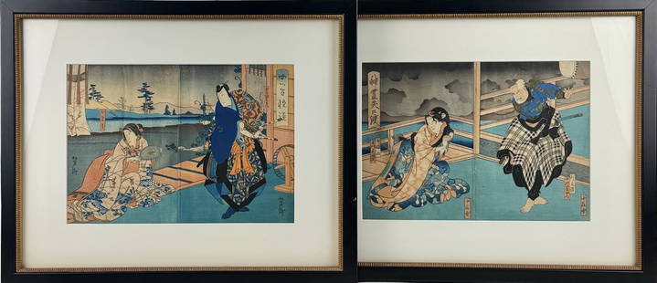 Pair of Framed Woodblock Diptych's, Kuniyoshi: Utagawa Kuniyoshi (Japanese, 1797-1861). A pair of framed diptych's, likely from a Kabuki play. 4 Woodblock prints in total, each scene depicting a figure to the right, and a reticent woman to the lef