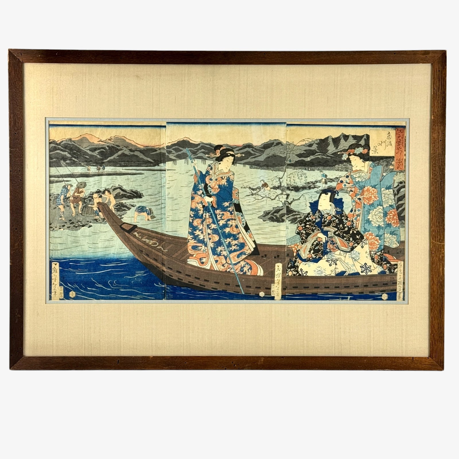 Pair of Japanese Woodblocks: Toyokuni and Yoshitoshi. One depicting a noble lord on the water and the other depicting a Sendai family. Both triptychs. Print size of Toyokuni: 15" ht. x 29" wd., size of Yoshitoshi: 14" ht. x 28" w