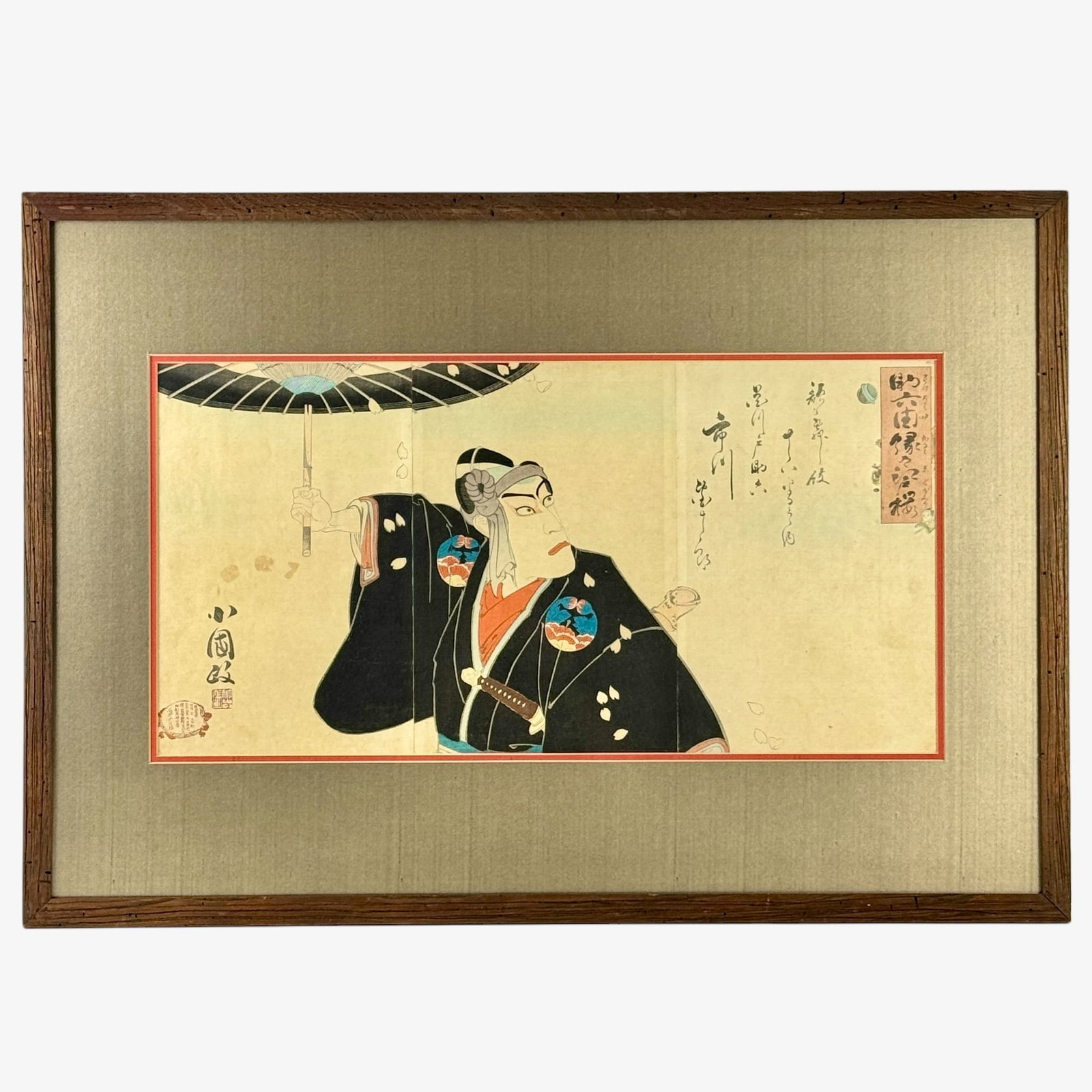 Six Japanese Woodblocks, Varyings Artists: All triptychs, varying artists. All framed and depicting figures in scenes of revelry, wartime and more. Largest framed size: 20.5" ht. x 44" wd.