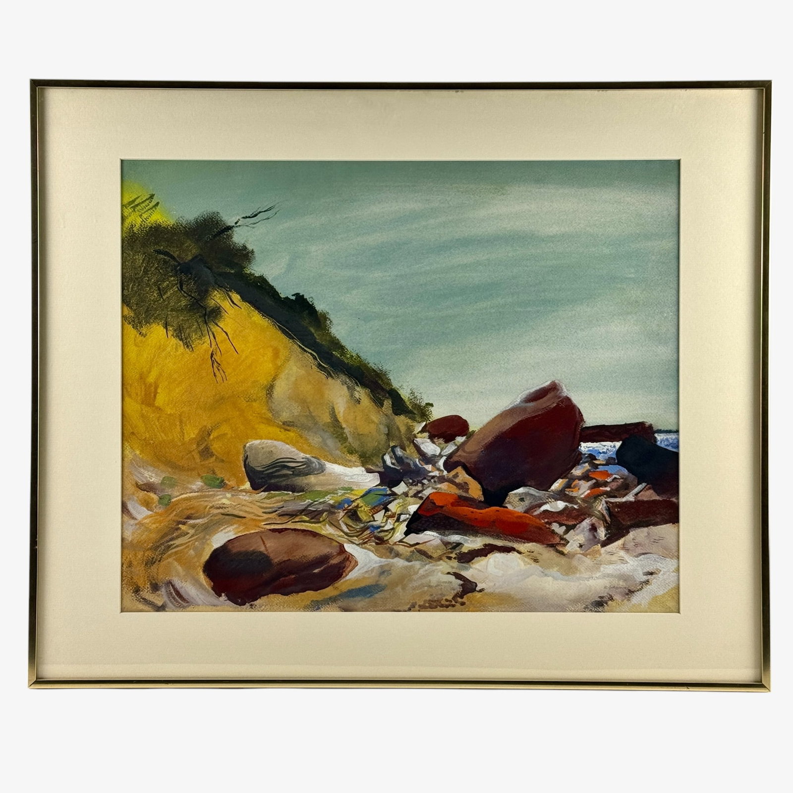 "Rocks on the Shore" by Reginald Grooms: Reginald Grooms (American/Cincinnati, 1900-1989). Watercolor on paper, signed l.r. 17.5" x 21.5" (sight), 23" x 29" (framed).