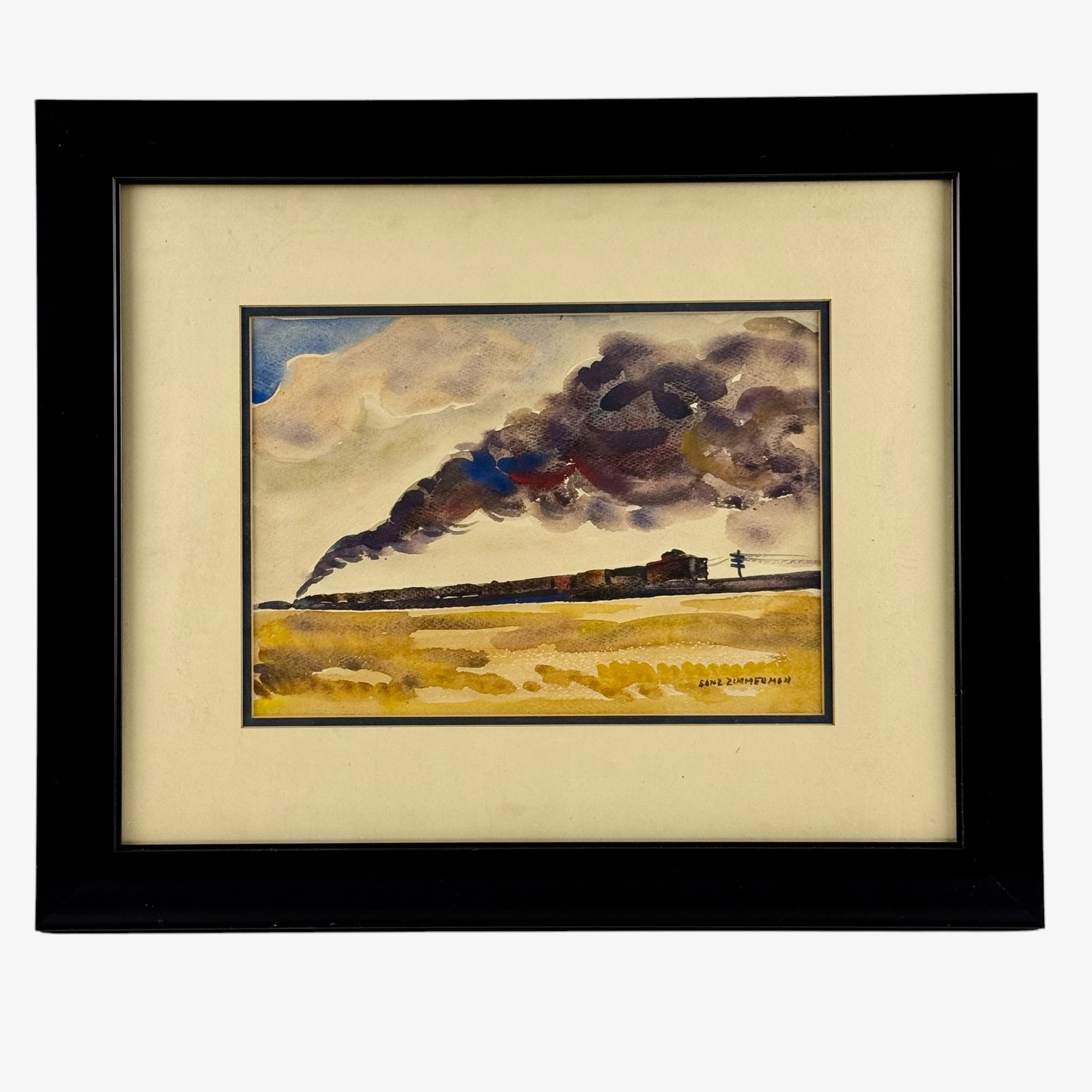 Train Watercolor by Carl Zimmerman: Carl Zimmerman (American/Cincinnati, 1900-1985). Watercolor on paper, signed l.r., and with newspaper article to verso. 9.5" x 13.5" (sight), 19.5" x 23.5" (framed).