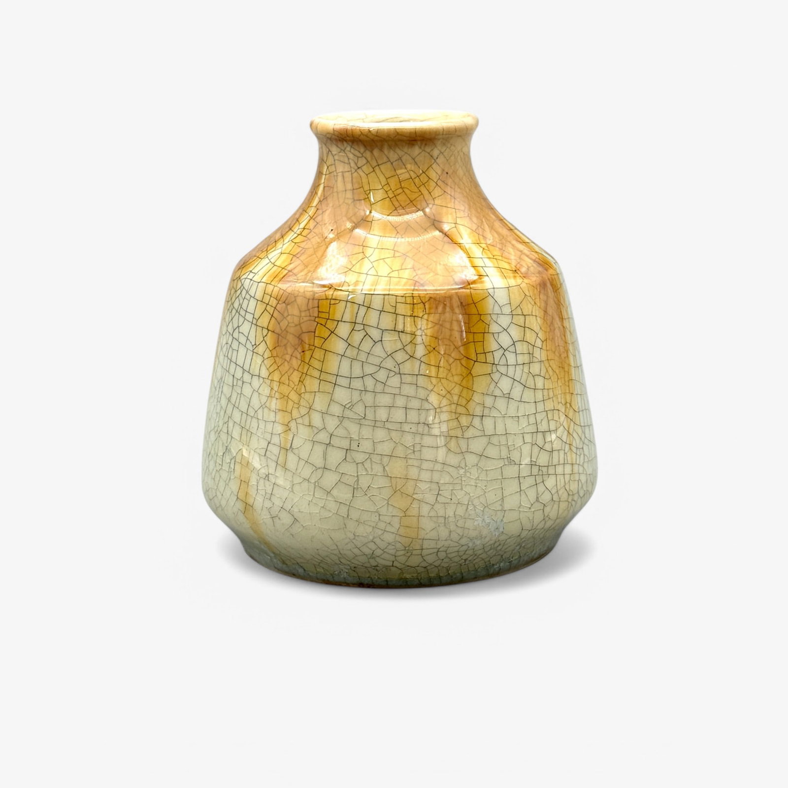 Chelsea Keramic Art Works Vase: Crackled celadon finish with deep orange drop glaze effect. Impressed mark to underside. 4.75" ht. Property of an Illinois Collector.