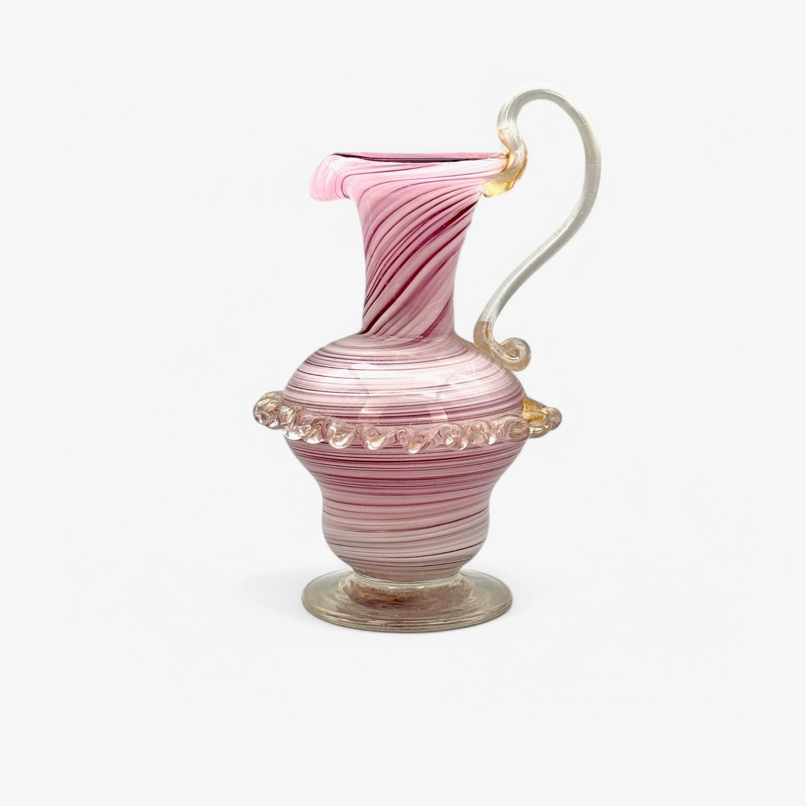 Miniature Murano Swirl Creamer: With swirl design, nice elongated handle and roped design around center. Murano sticker to base. Height: 5.5"