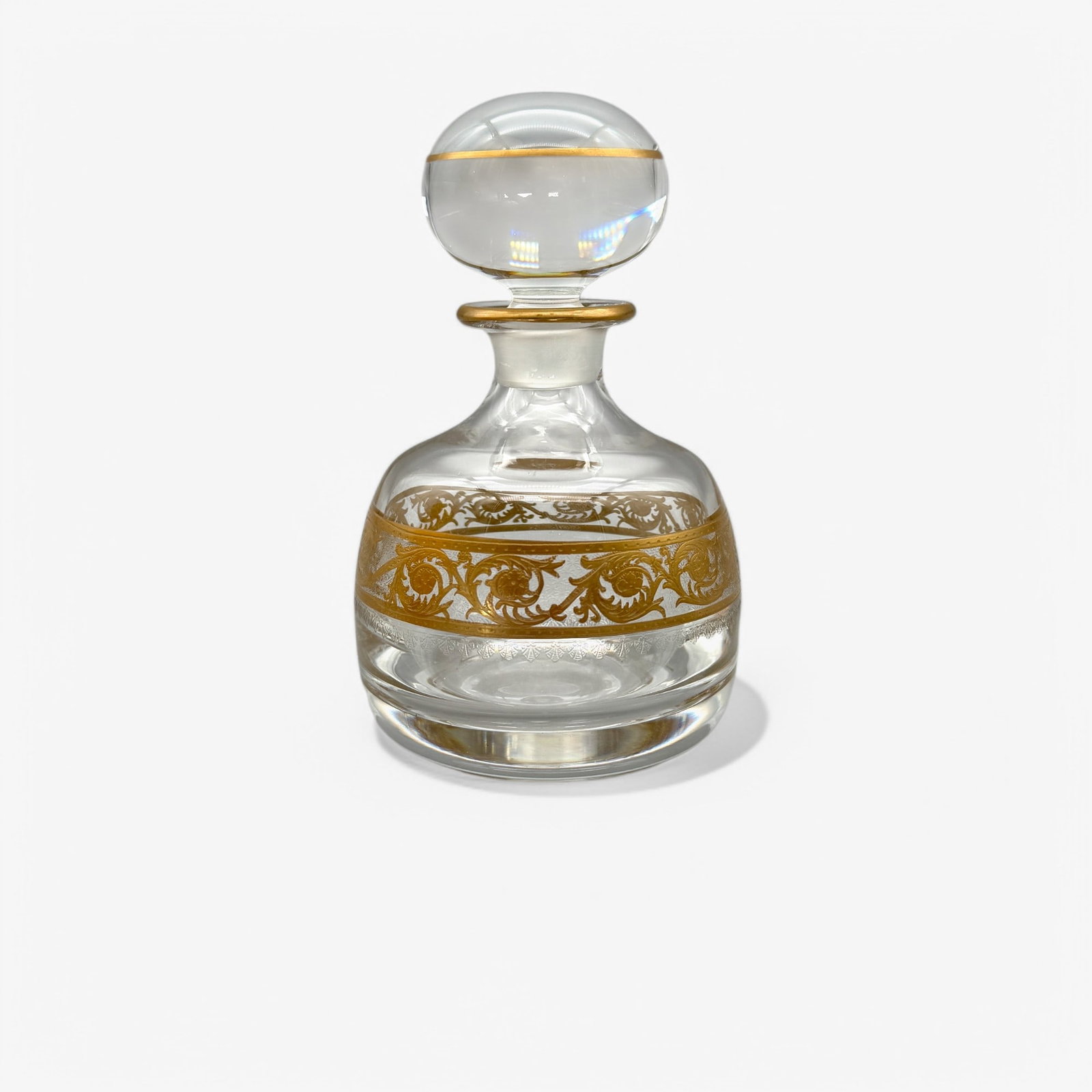 St. Louis Glass Perfume/Stopper with GIlt Banding: A perfume and stopper, St. Louis Glass, with ornate gilt band to body. Ht. 5.75". Property of an Illinois Collector.