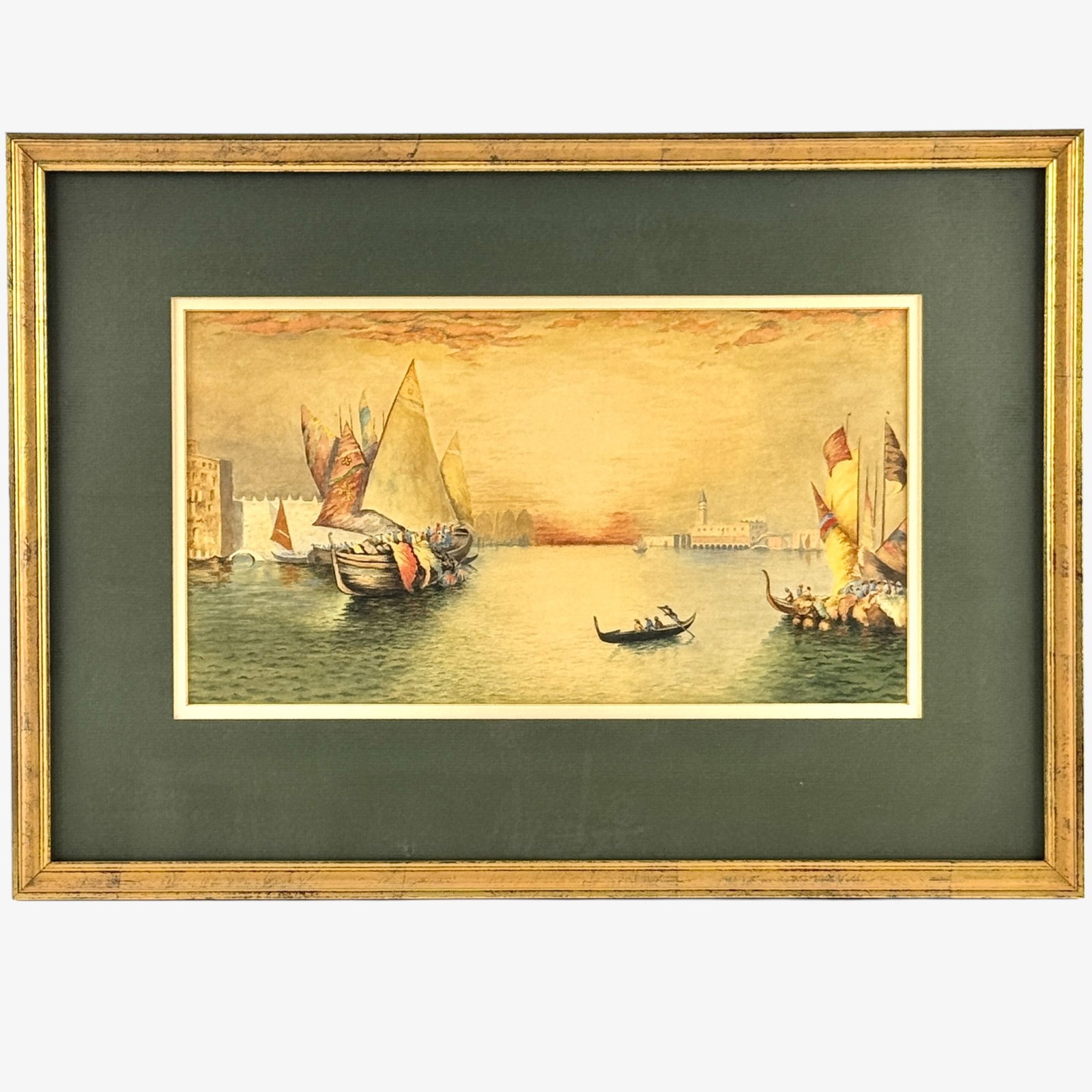 19th Century Venetian Watercolor: A finely done 19th century Venetian watercolor depicting the waterways of Venice with boats and gondolas. Unsigned. Sight size: 8" ht. x 15.5" wd., framed size: 16" ht. x 23" wd.