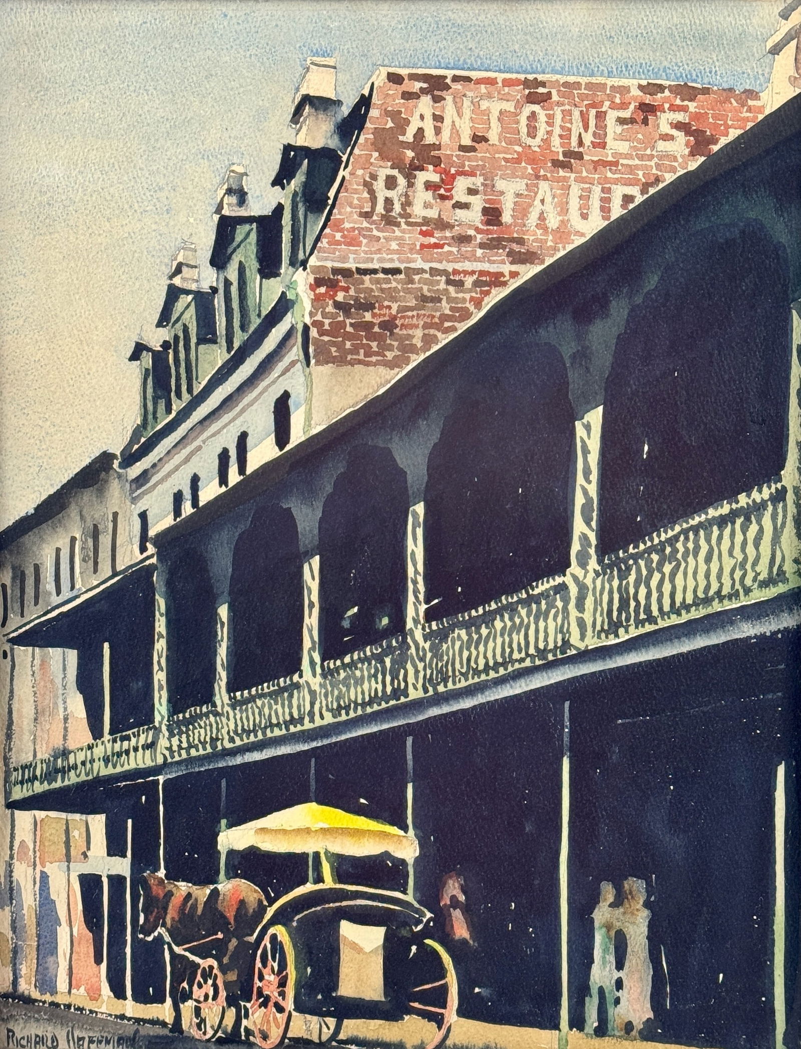 New Orleans, Antoine's Restaurant by Richard Hoffman: Richard Hoffman (American, d. 1965). Watercolor on paper, a charming New Orleans street scene right next to Antoine's Restaurant, which survives today. 14.5" x 11" (sight), 18.5" x 15.5" (framed).