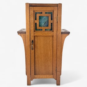 Oak Arts & Crafts Liquor Cabinet, Glass Insert