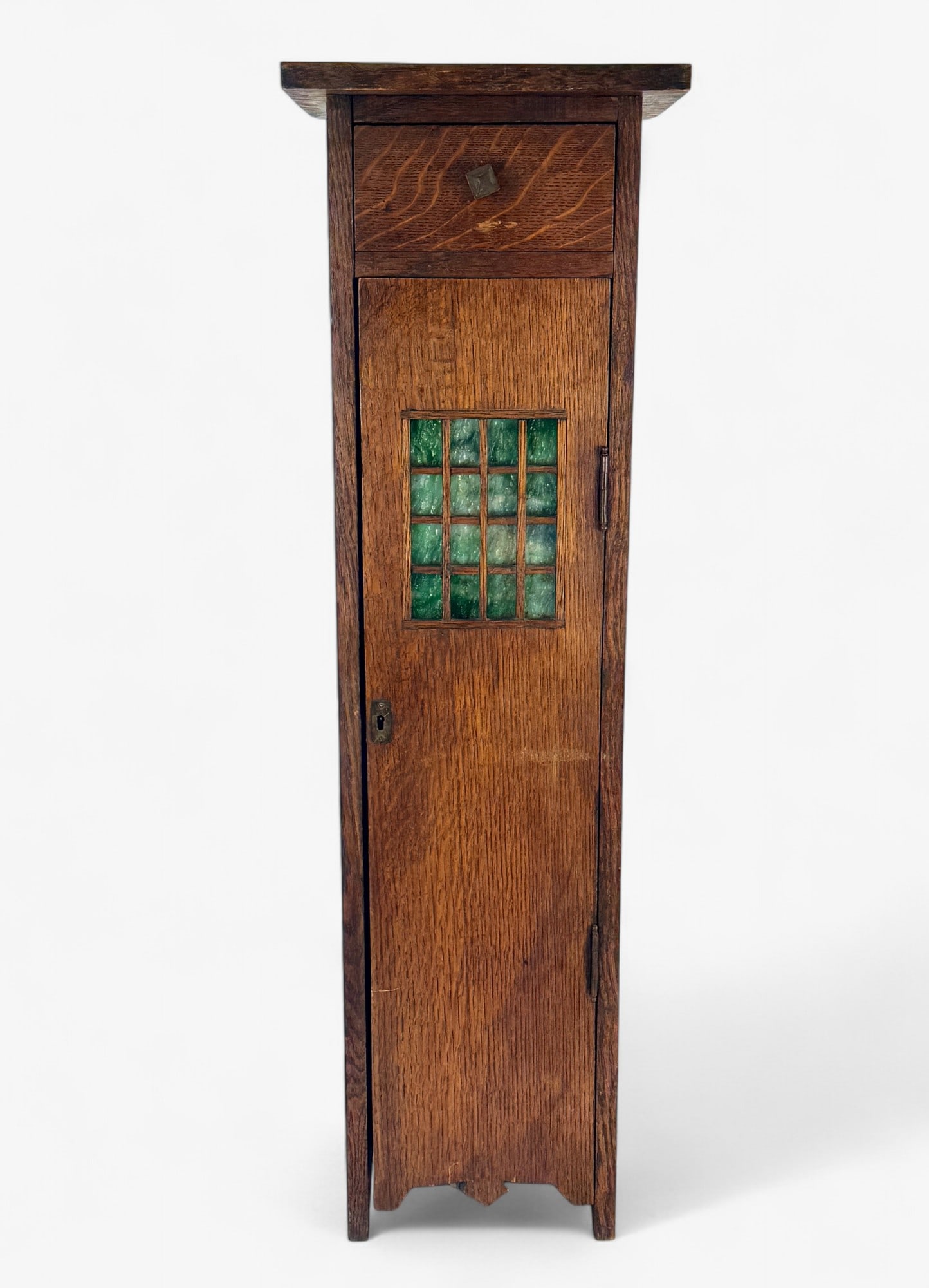 Oak Arts & Crafts Plant Stand: With interior cabinet, and glass insert to door. Ht. 38".