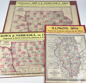 Trio of Hand Colored Maps, Illinois, Iowa and Nebraska