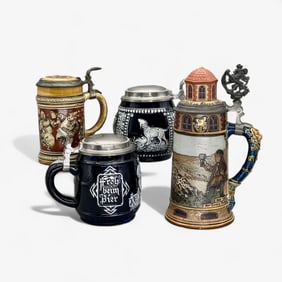 2 Mettlach Steins Incl. Turret, and 2 Blue Glazed Steins