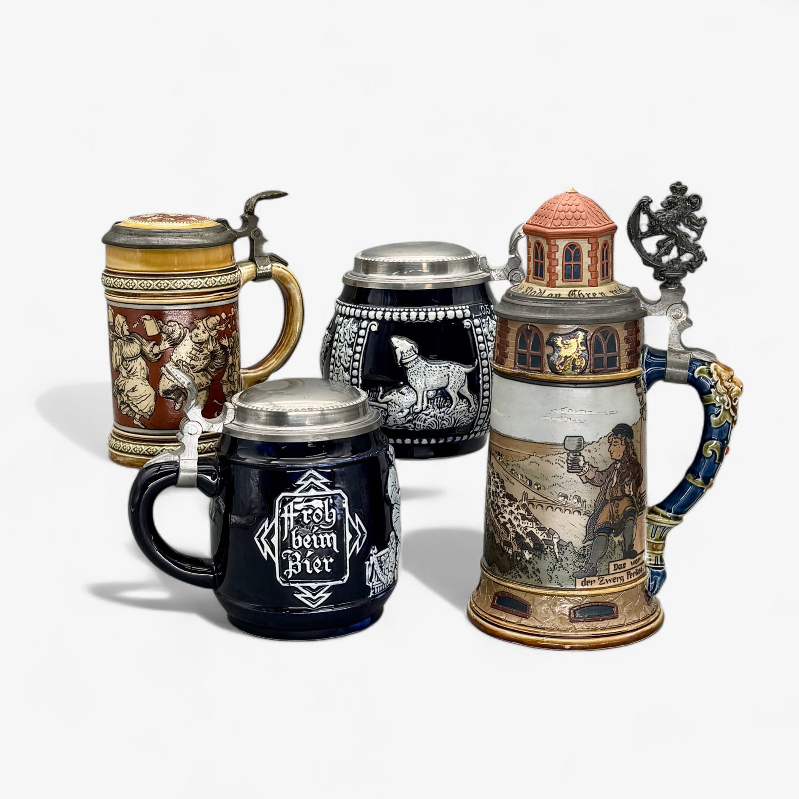 2 Mettlach Steins Incl. Turret, and 2 Blue Glazed Steins (1 of 16)