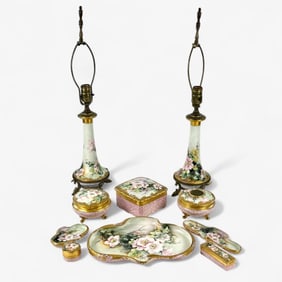 French Porcelain Desk Set with Lamps