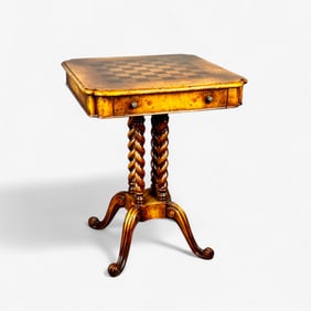 Burlwood Chess Table, Barley Twist Legs