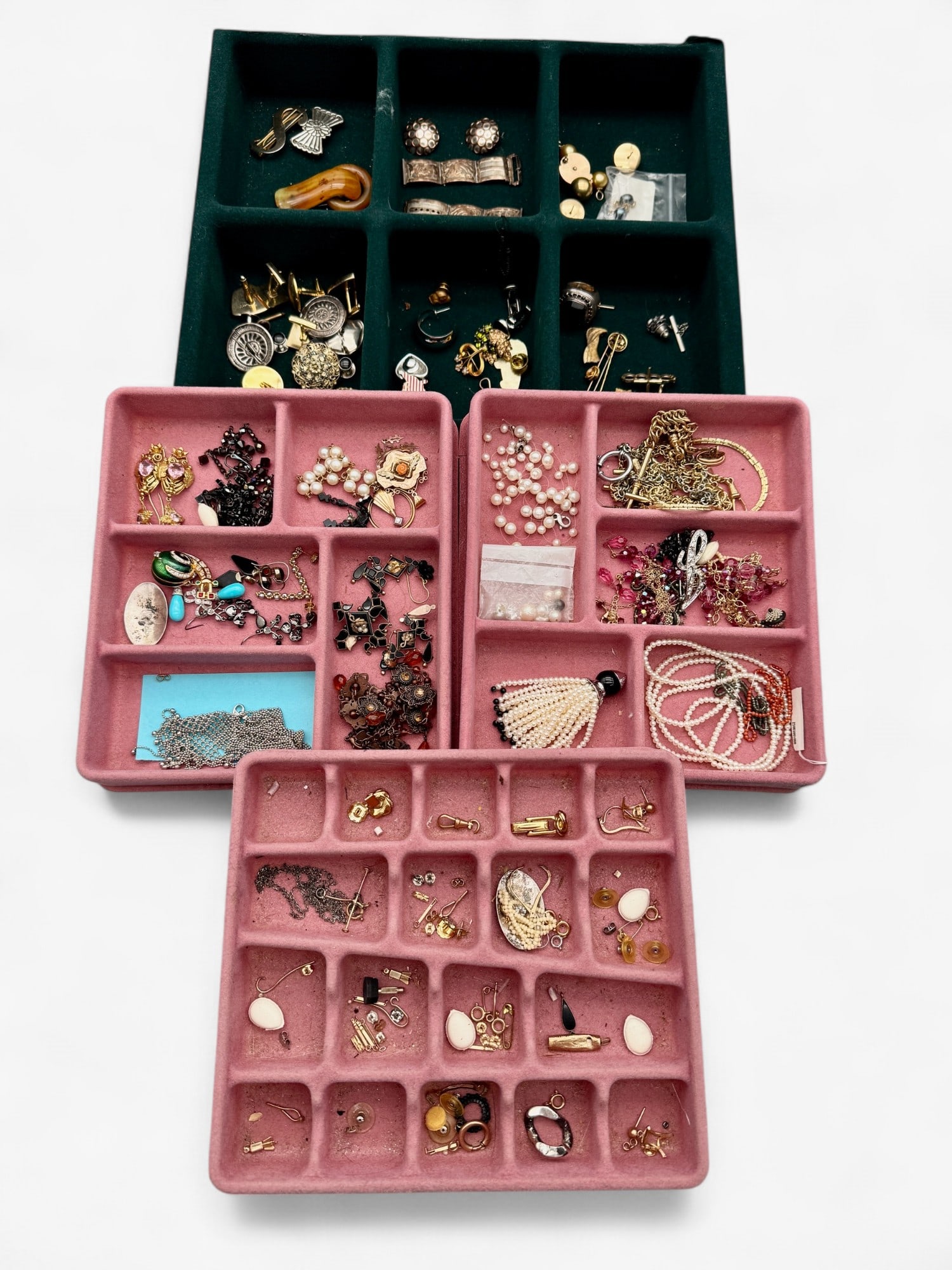 Large Group of Costume and Sterling Jewelry: Mostly costume, gold filled and some sterling jewelry, ranging from Victorian era to more modern.