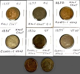 Group of 7 Classic Head Half Cent Coins: Ranging from 1828 to 1835, including the following: 1828, 1832 (2), 1833 (2), 1835 (2). Property from the Estate of June Herschede (1930-2025),