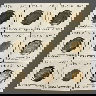 Collection of 9 Shield and Buffalo Nickels: A group of 2 Shield Nickels, 1867 and 1869, and 7 Buffalo Nickels, 1931, 1936, 1937 (3), and a 1938. Property from the Estate of June Herschede