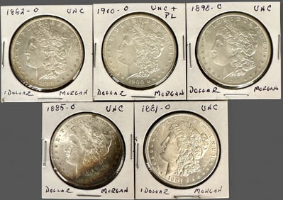 Group of Five New Orleans Mint Morgan Dollars