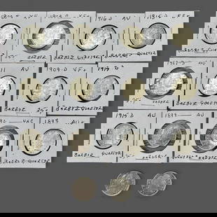 Collection of 14 Barber Quarters, 1892-1916: A group of 14 total Barber quarters, all but 2 in binder cases, including the following: 1892, 1893, 1899, 1900-S, 1904-O, 1907-S, 1909-D, 1911, 1915-D, 1915-D, 1916-D, and a pair of loose examples, 1