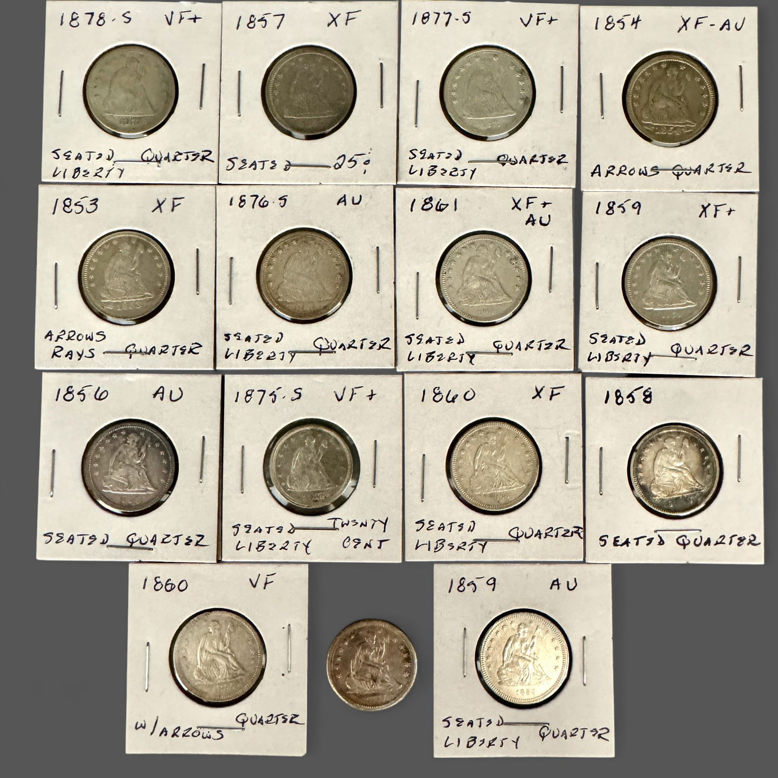 Collection of 15 Seated Liberty Quarters, 1853-1878 (1 of 5)