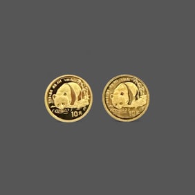 Pair of 1/10 Ounce Pandas Gold Coins, 1987