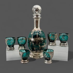 Sterling Wrapped Decanter and Shot Glasses