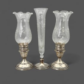 Group of Etched Glass Candleholders / Vase