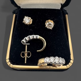 Two Sets of Gold Earrings with Diamonds