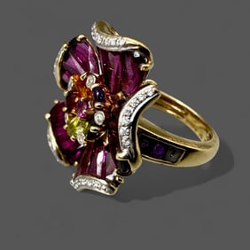 18K Yellow Gold, Diamond and Gemstone Ring