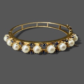 14K Gold Ladies Pearl and Sapphire Bracelet