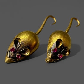 14K Yellow Gold Mice Pins with Ruby Eyes
