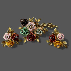 Italian 18K Gold Brooch and Earring Set