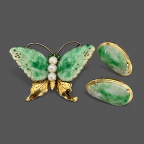 14K Gold and Jadeite Butterfly Brooch with Matching Earrings
