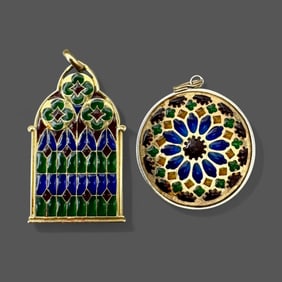 Pair of 18k Gold Plique-a-Jour Pendants