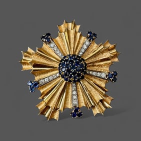 Retro Tiffany & Co. 14K Gold Sapphire Diamond Starburst Brooch Pin