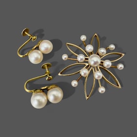 14K Gold and Pearl Starburst Brooch and Screwback Earrings