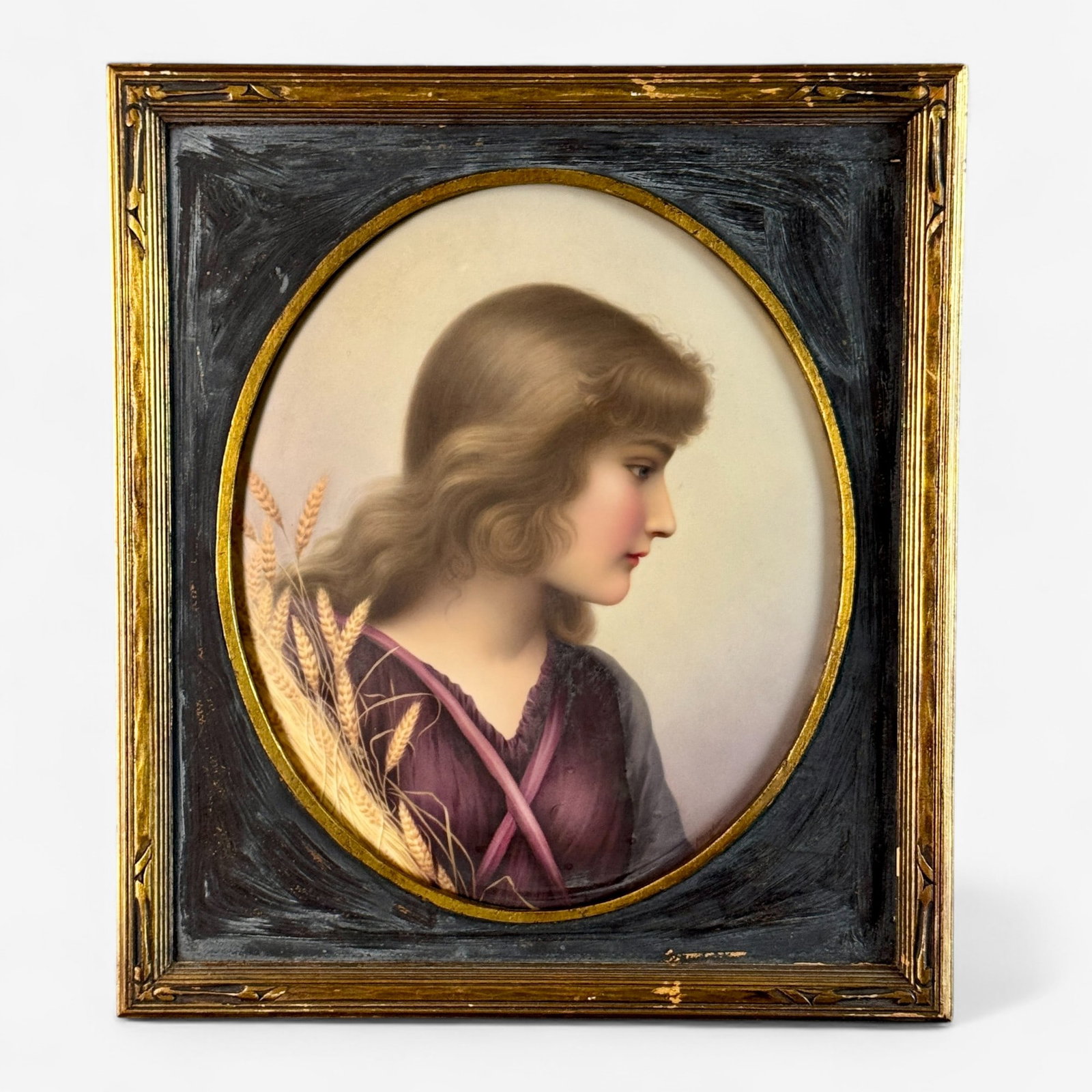 Wilhelm Mentzler (German, 1846-1926) KPM Plaque: A finely done German KPM plaque by Wilhelm Mentzler, depicting a young woman in profile with wheat stalks to the left hand portion of the plaque. Signed by Mentzler to the lower right, stamped with KP