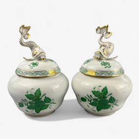 Pair of Herend Fishnet Lidded Porcelain Bowls
