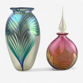 Pair of 1980's Feather Pulled Glass Cabinet Vases